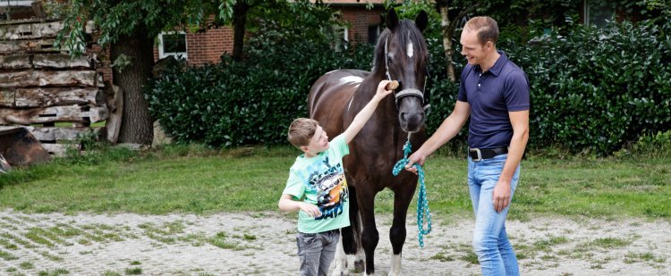 Kind striegelt ein Pferd. Betreuer steht daneben und hält die Zügel