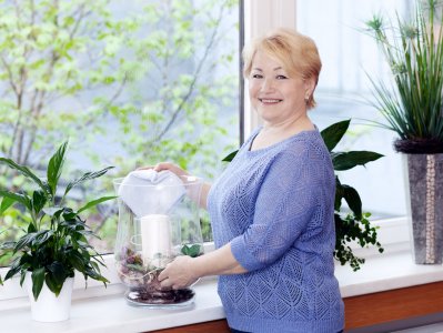 Raumpflegerin gießt Blumen auf einer Fensterbank.